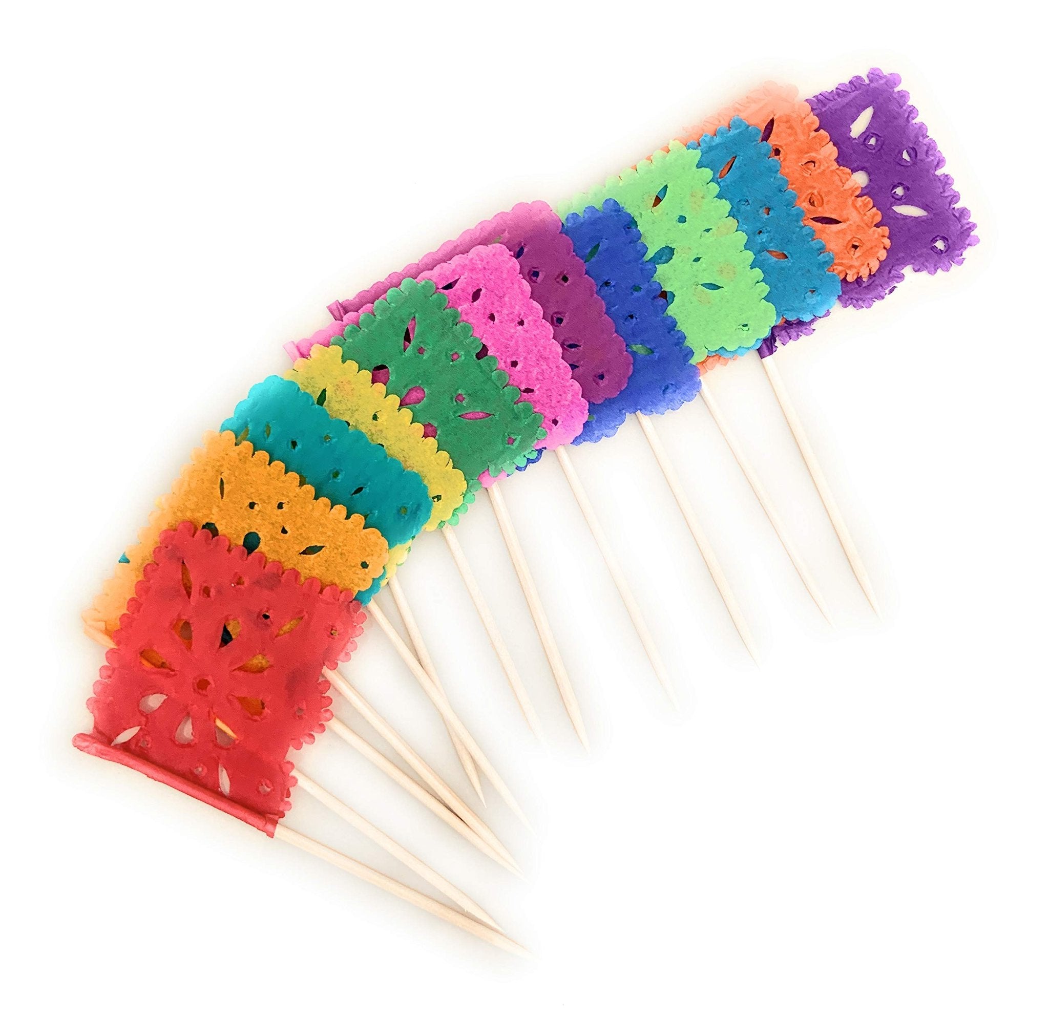 Set of multi-color papel picado flag picks with flower designs on wooden sticks, arranged in a fan shape on a white background.
