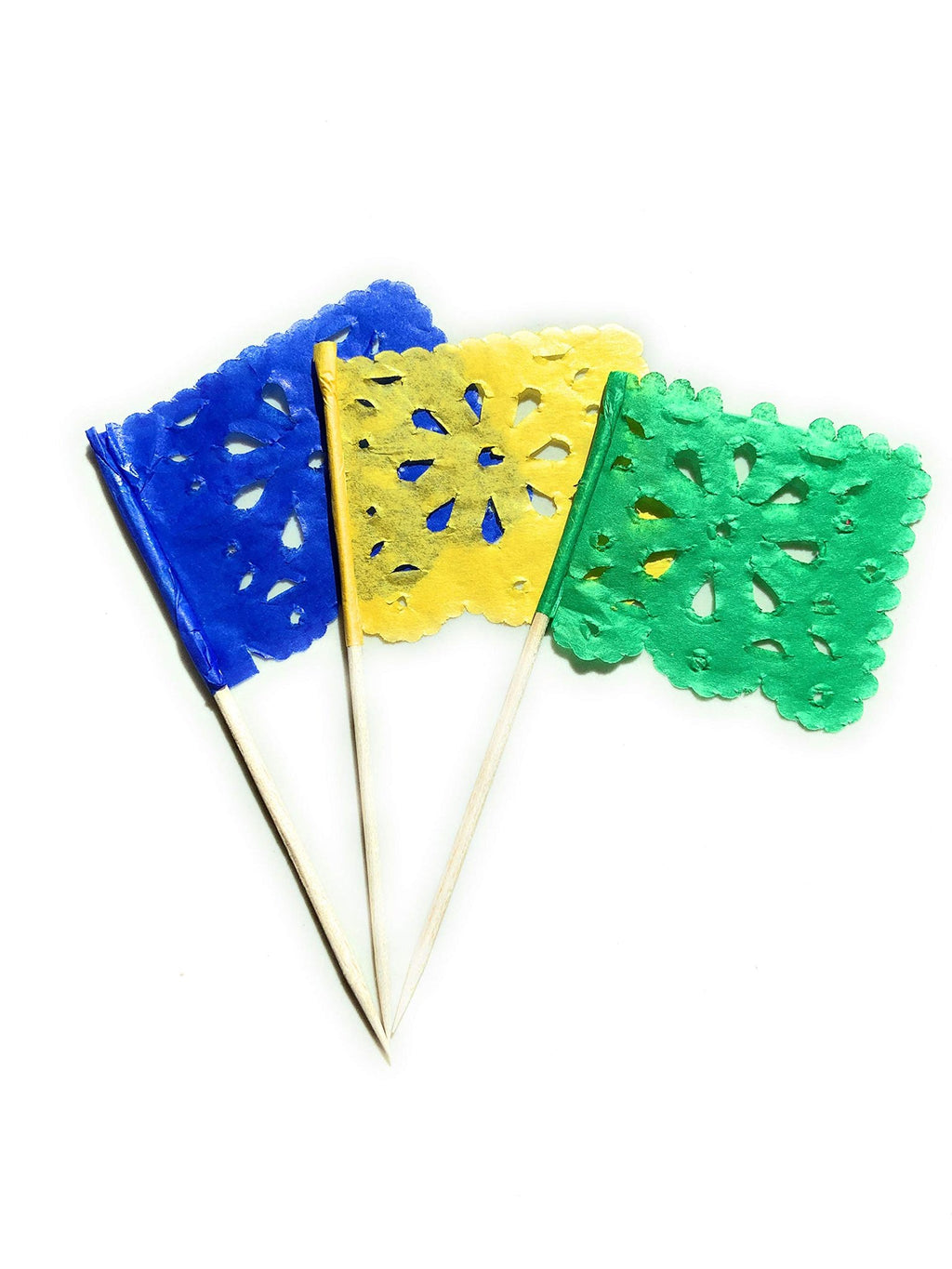 Three mini papel picado flag picks in blue, yellow, and green on white background