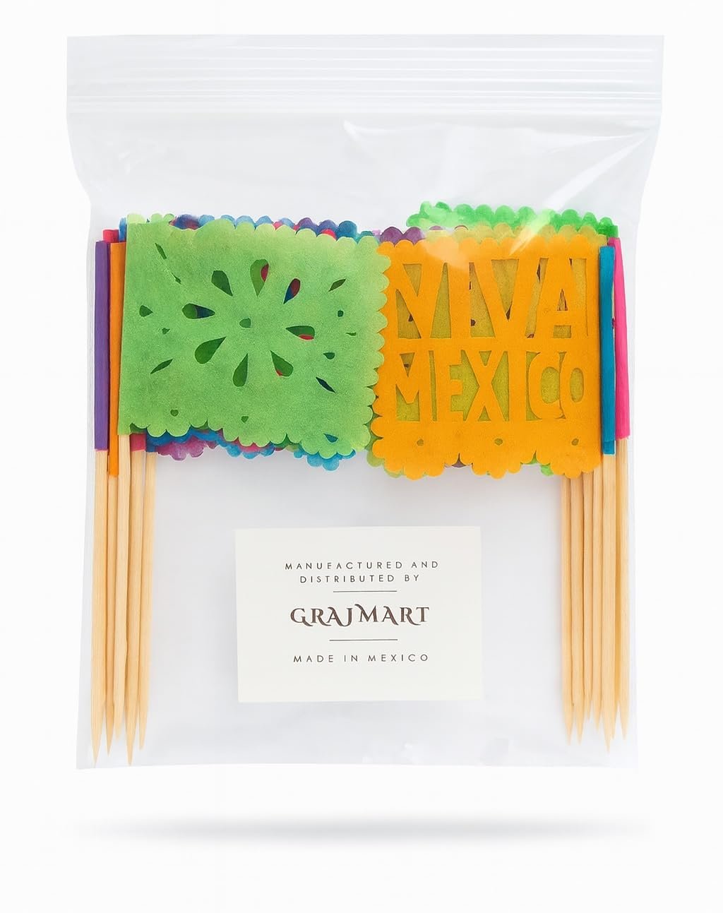 Set of 24 mini papel picado tissue paper flag picks in multi-color flower design, packaged in a clear plastic bag.