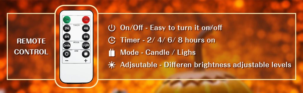 Remote control and feature list for flameless LED pillar candles, showing timer and mode options.