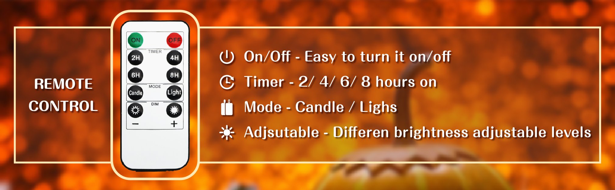 Remote control and feature list for flameless LED pillar candles, showing timer and mode options.