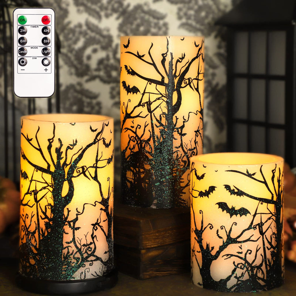 Set of 3 black bat decal flameless LED pillar candles with remote control, real wax, 4/5/6 inch heights