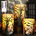 Set of 3 black bat decal flameless LED pillar candles with remote control, real wax, 4/5/6 inch heights