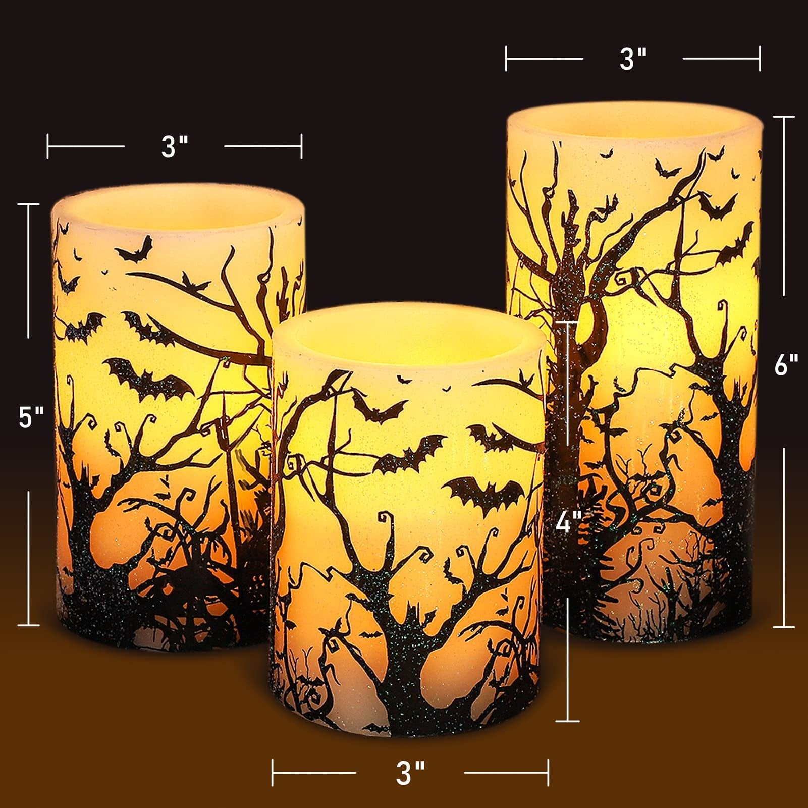 Three flameless LED pillar candles with black bat and tree decals, showing dimensions 3"x5", 3"x4", and 3"x6".