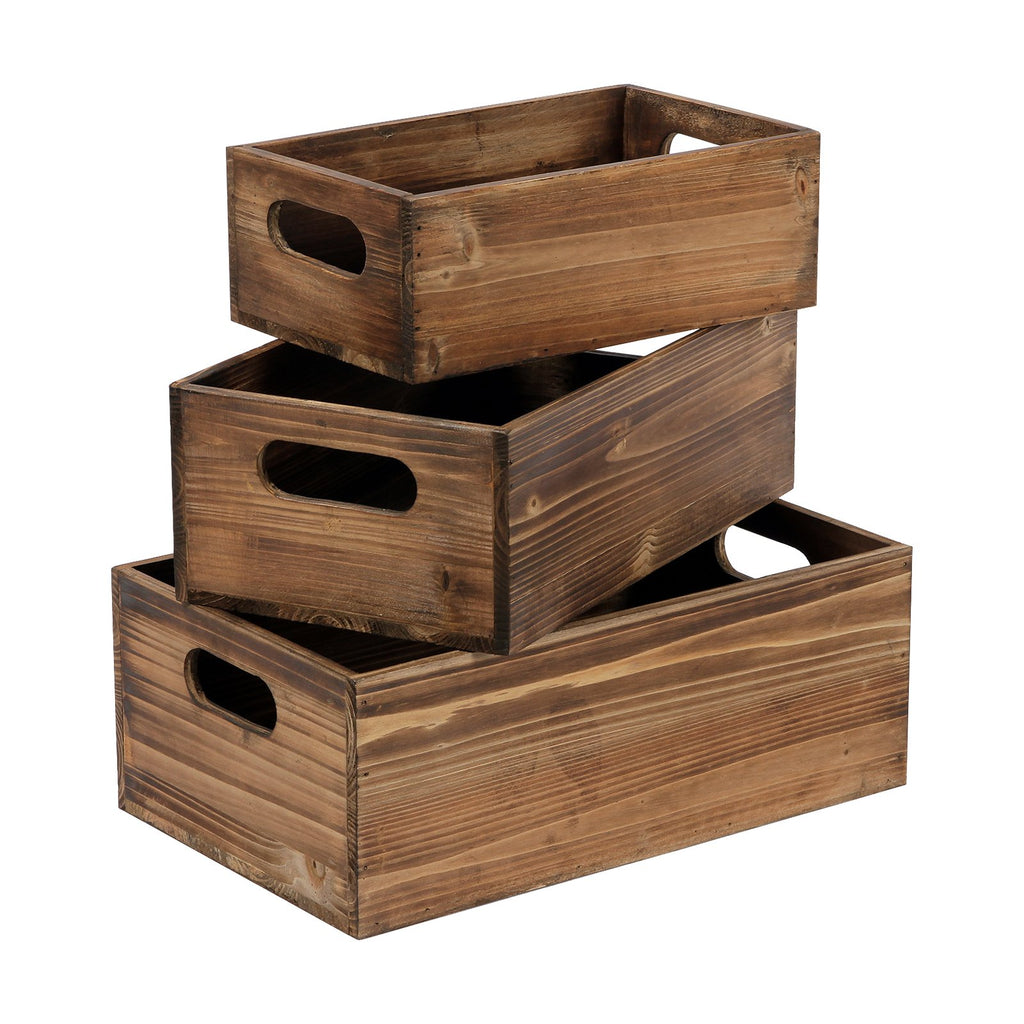 Three distressed fir wood crates with handles stacked on a white background, showing nesting display boxes.