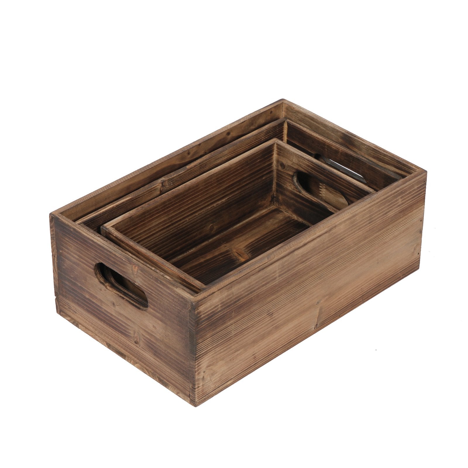 Set of 3 nesting distressed fir wood crates with handles, viewed from a three-quarter angle on a white background.