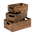 Stack of three distressed fir wood crates with cutout handles, shown from a front-side angle on a white background.