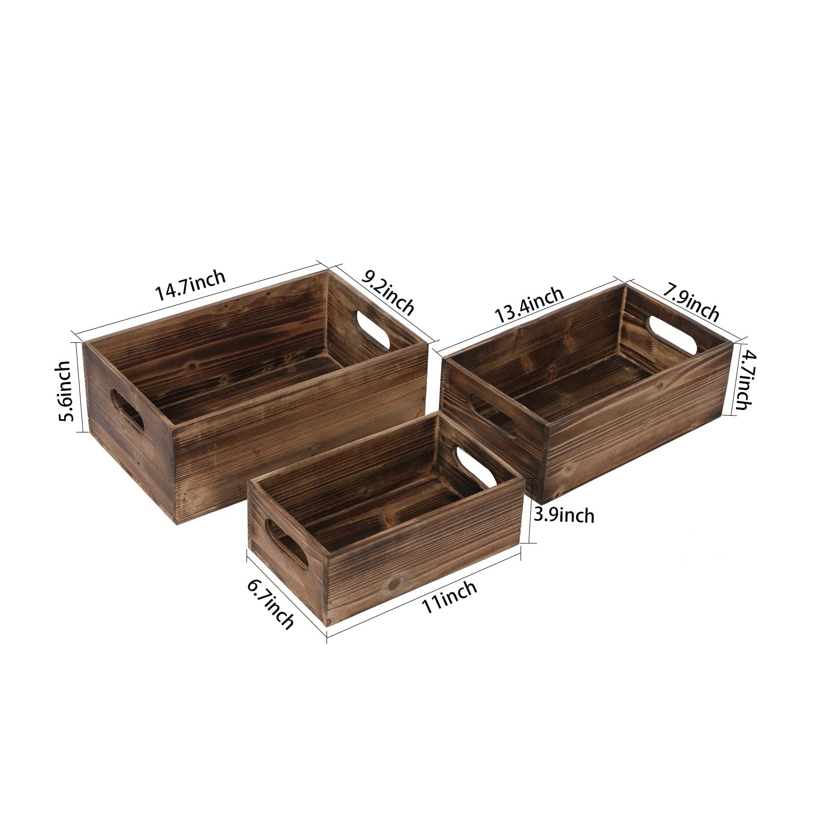 Three distressed fir wood crates with handles shown from a top-down angle, with dimensions labeled.
