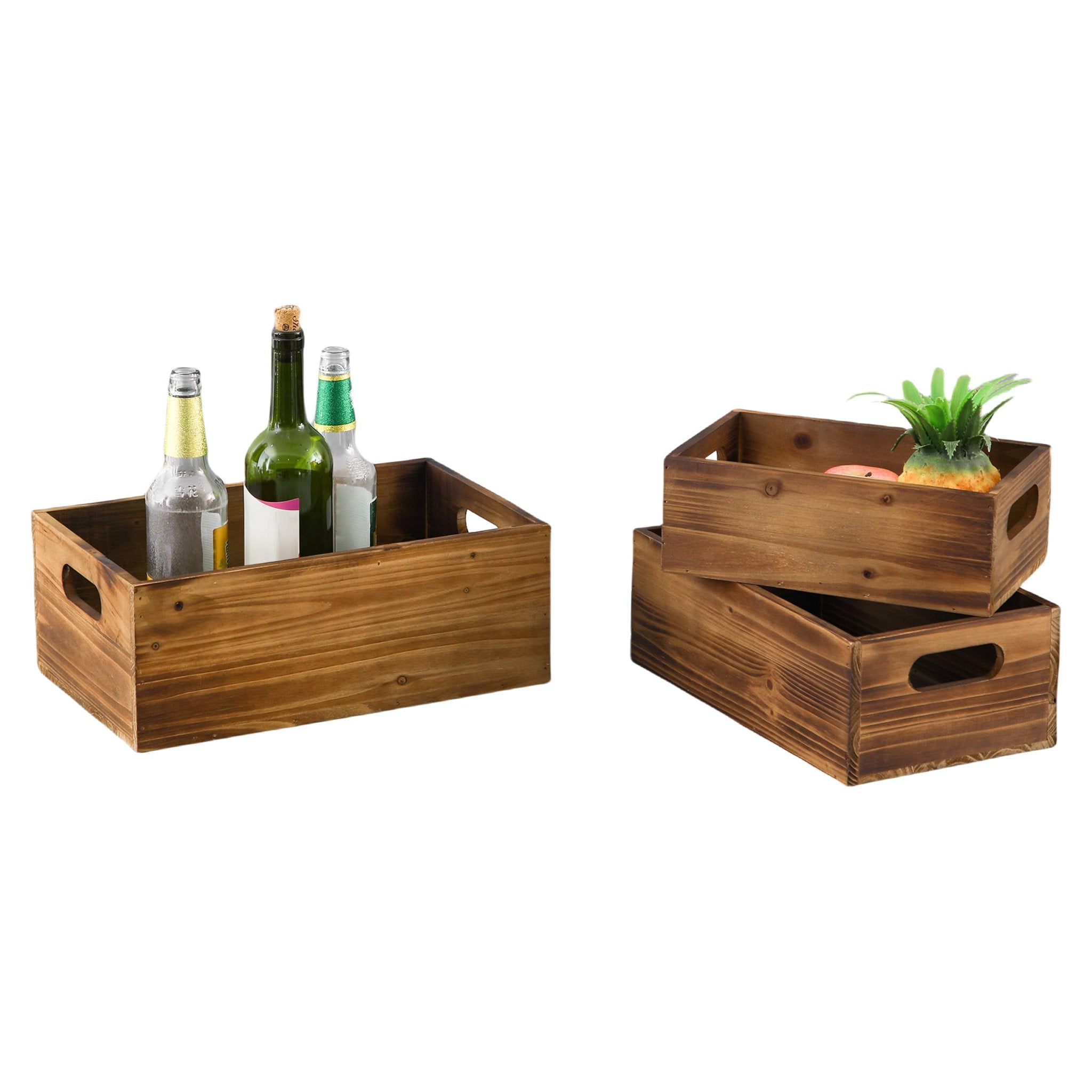 Two distressed fir wood crates with handles shown from different angles, one holding bottles and the other holding a small plant and apple.