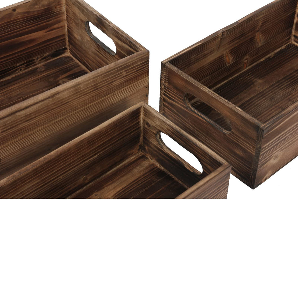Three distressed fir wood crates with handles, shown from a close-up angle against a white background.