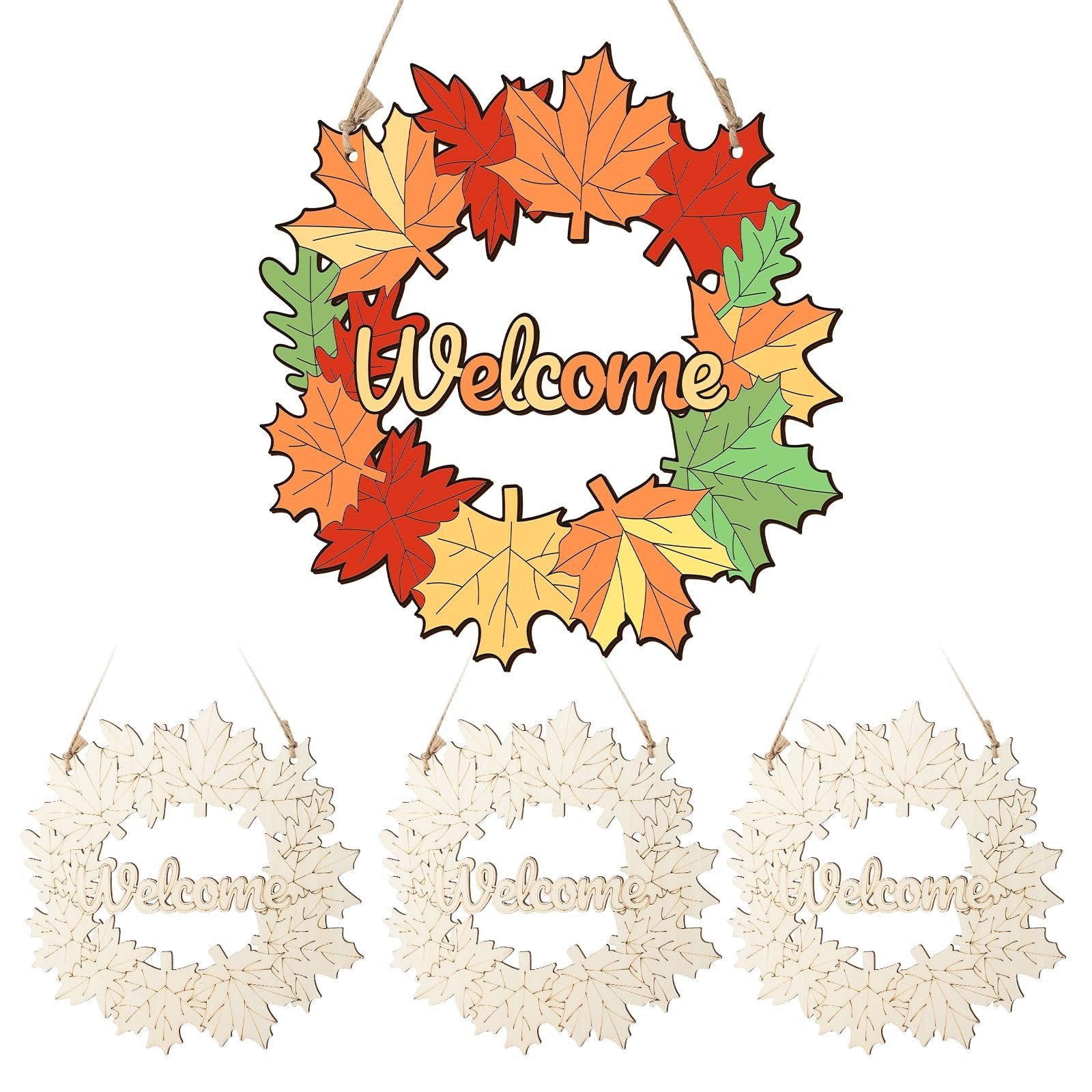 Set of 3 unfinished wood maple leaf wreaths with 'Welcome' text, one is colored, others are natural wood.