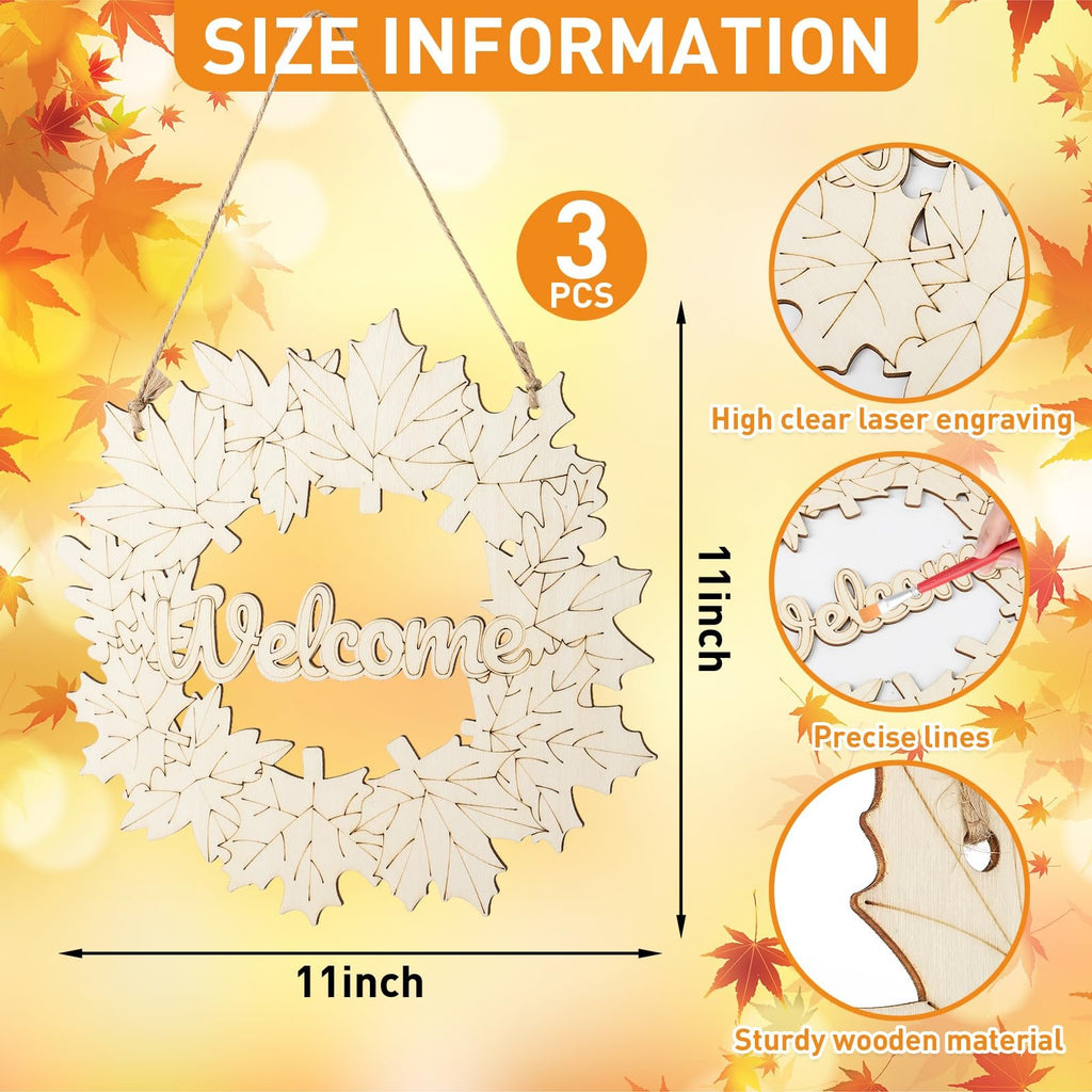 Unfinished wooden maple leaf wreath with 'Welcome' cutout, showing size and detail shots.