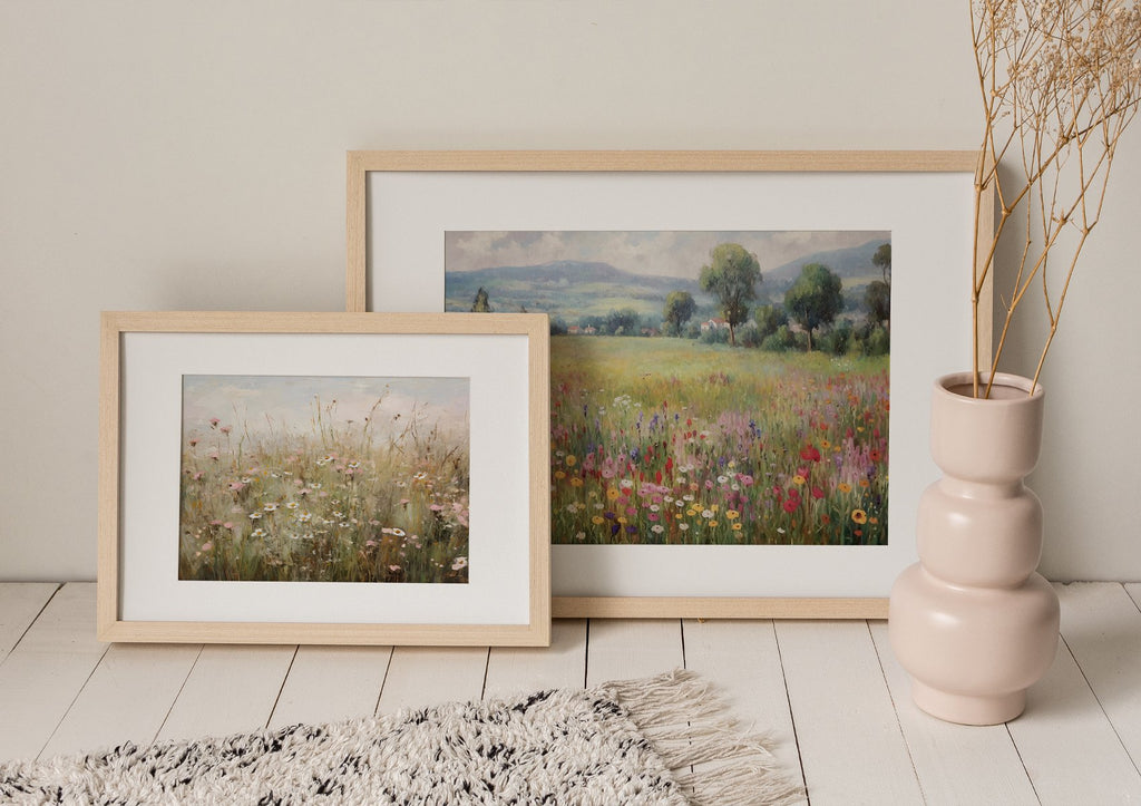 Two framed vintage wildflower landscape art prints displayed on a white wooden floor with a pink vase and a rug.