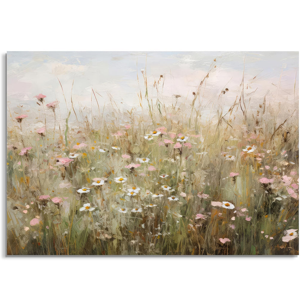 Impressionistic painting of a field of wildflowers with tall grasses and a soft sky.