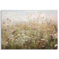 Impressionistic painting of a field of wildflowers with tall grasses and a soft sky.