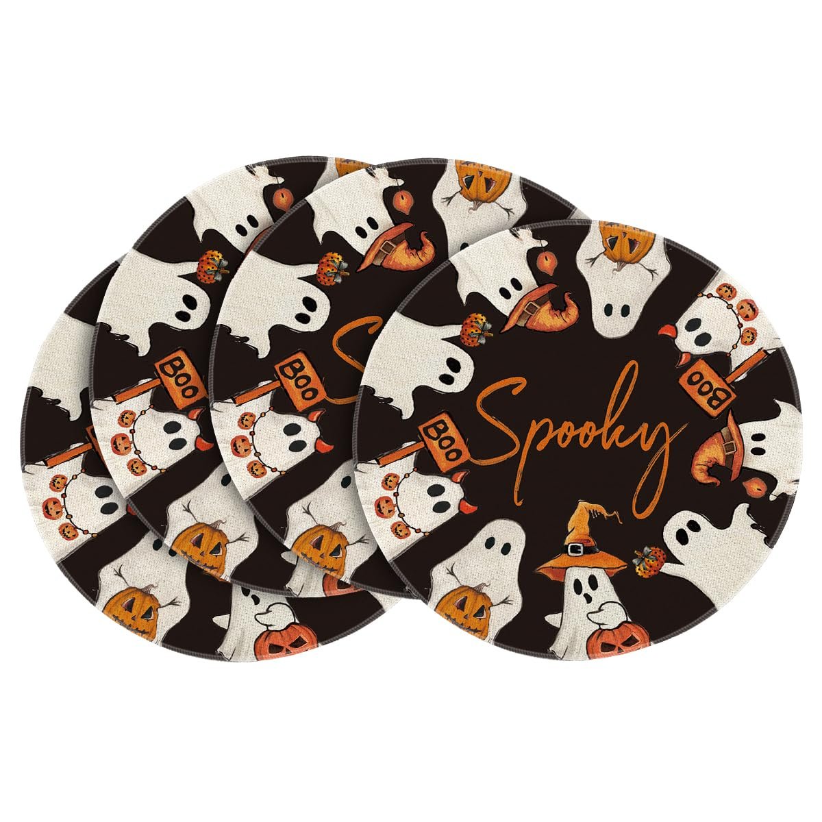 Four round Halloween placemats with ghost and pumpkin designs, featuring the word 'Spooky'.