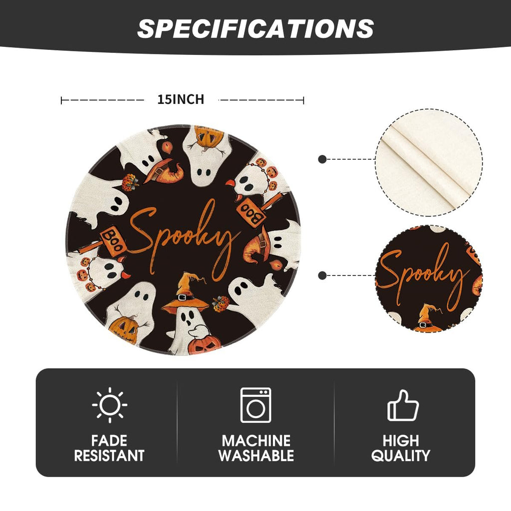 Round Halloween placemat with ghosts, pumpkins, and the word 'Spooky' printed on it. Includes fabric detail and specifications.