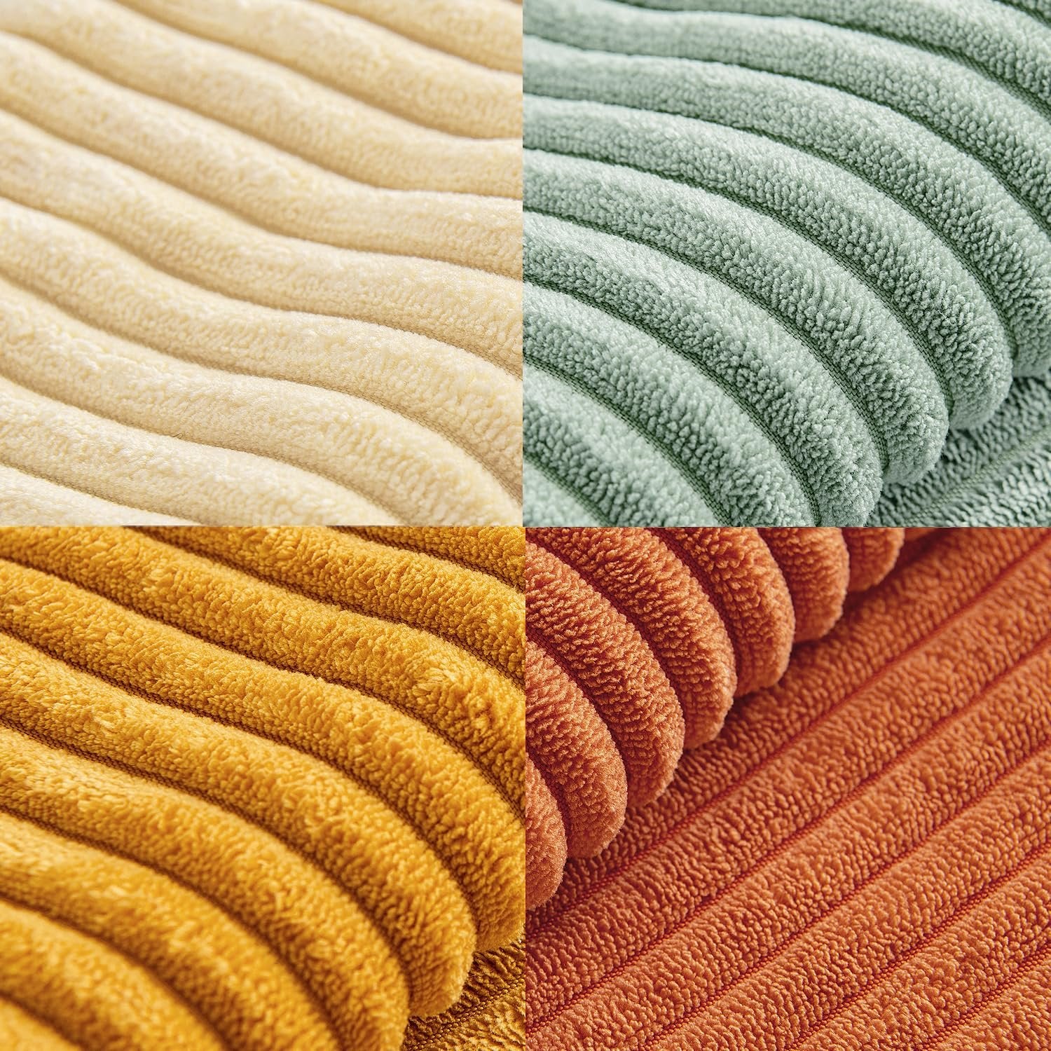 Close-up of four different colored corduroy fabric textures in a patchwork arrangement: cream, mint green, mustard yellow, and orange.