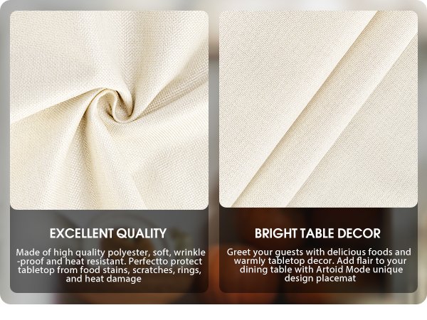 Close-up fabric texture of beige placemats with text overlays about quality and decor