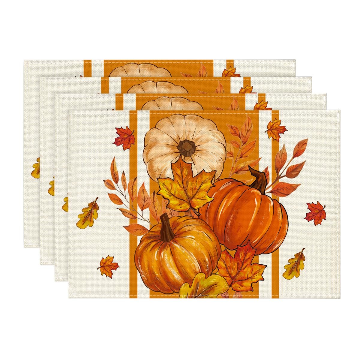Set of 4 fall placemats featuring pumpkins and autumn leaves on a cream background with orange stripes.