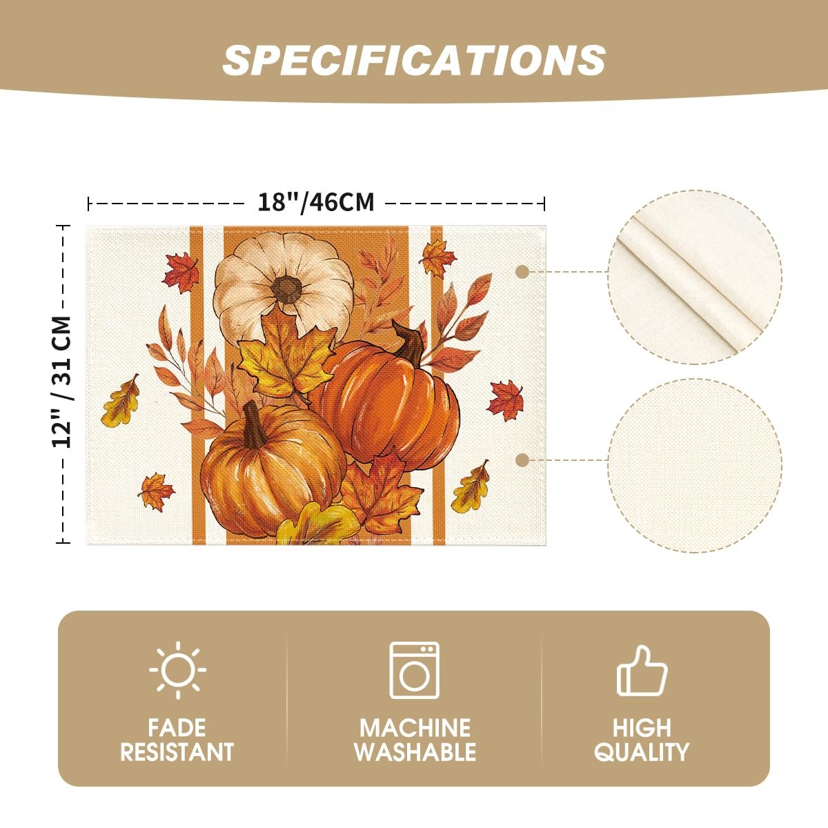 Fall placemat with pumpkins and autumn leaves, showing dimensions and care instructions.