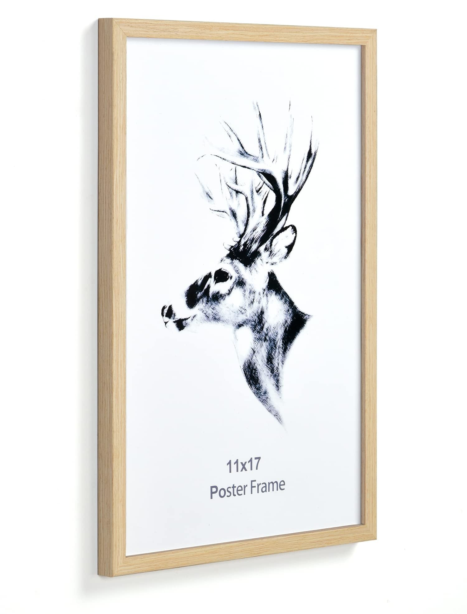 Natural solid oak wood 11x17 poster frame displaying a black and white sketch of a deer head with antlers.