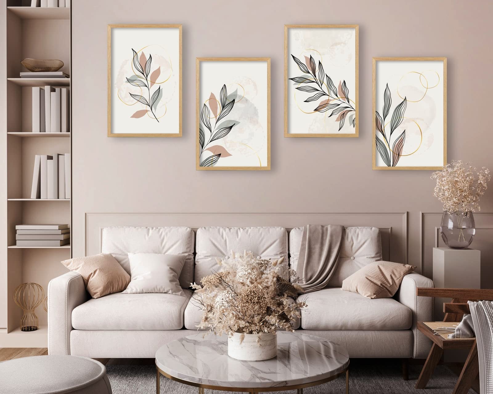 Four framed botanical prints with abstract circles displayed above a sofa in a living room setting.