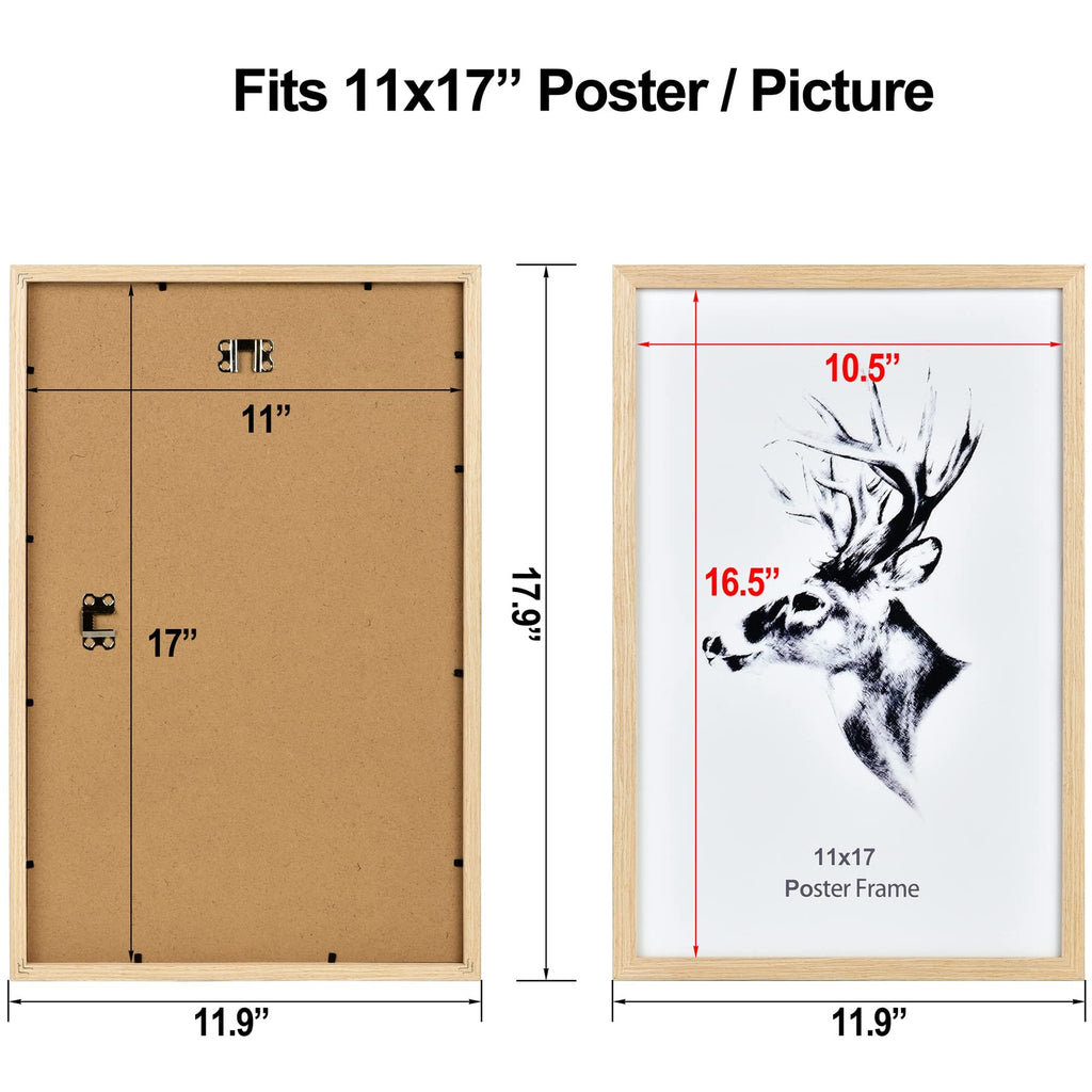 Two natural wood picture frames shown side-by-side, one displaying its back with dimensions, the other showing a deer print with dimensions.
