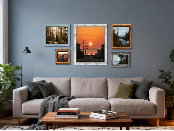 Living room scene with a sofa, coffee table, and a wall display of five rustic picture frames with various landscape and portrait images.