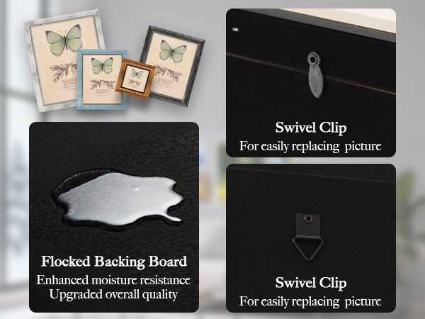 Four rustic picture frames in various colors and sizes, with a close-up of a flocked backing board with water, and two close-ups of swivel clips on the back of frames.
