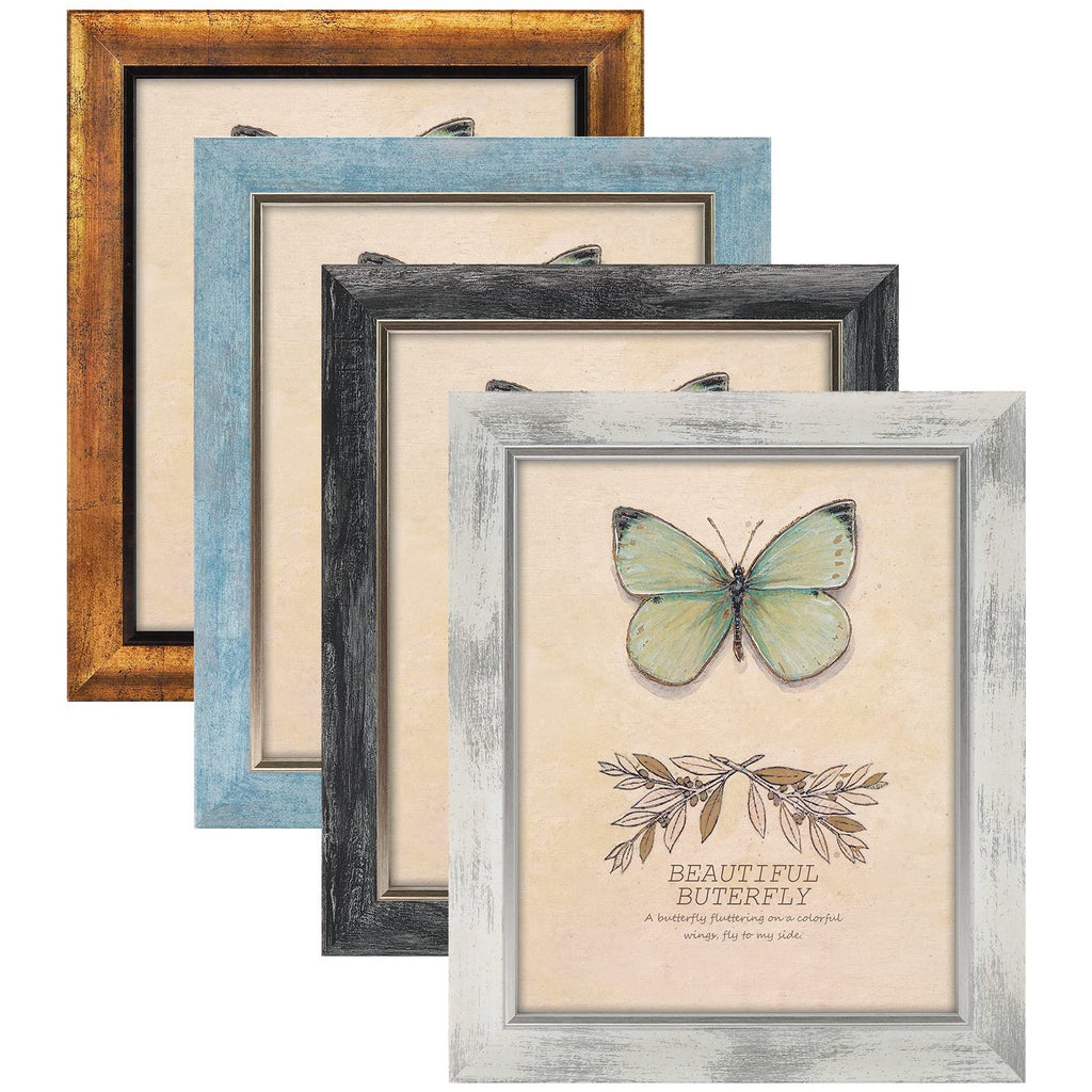 Four rustic picture frames in gold, blue, black, and white finishes, angled to show the front frame with a butterfly graphic and text.