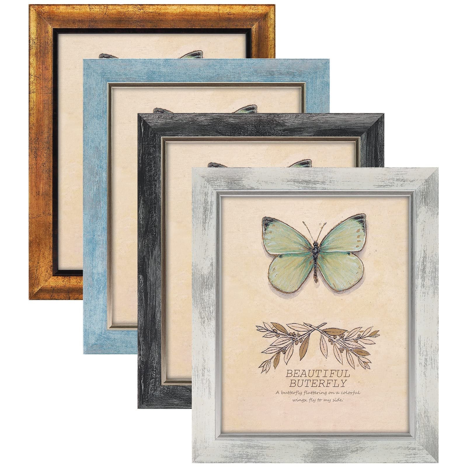 Four rustic picture frames in gold, blue, black, and white finishes, angled to show the front frame with a butterfly graphic and text.
