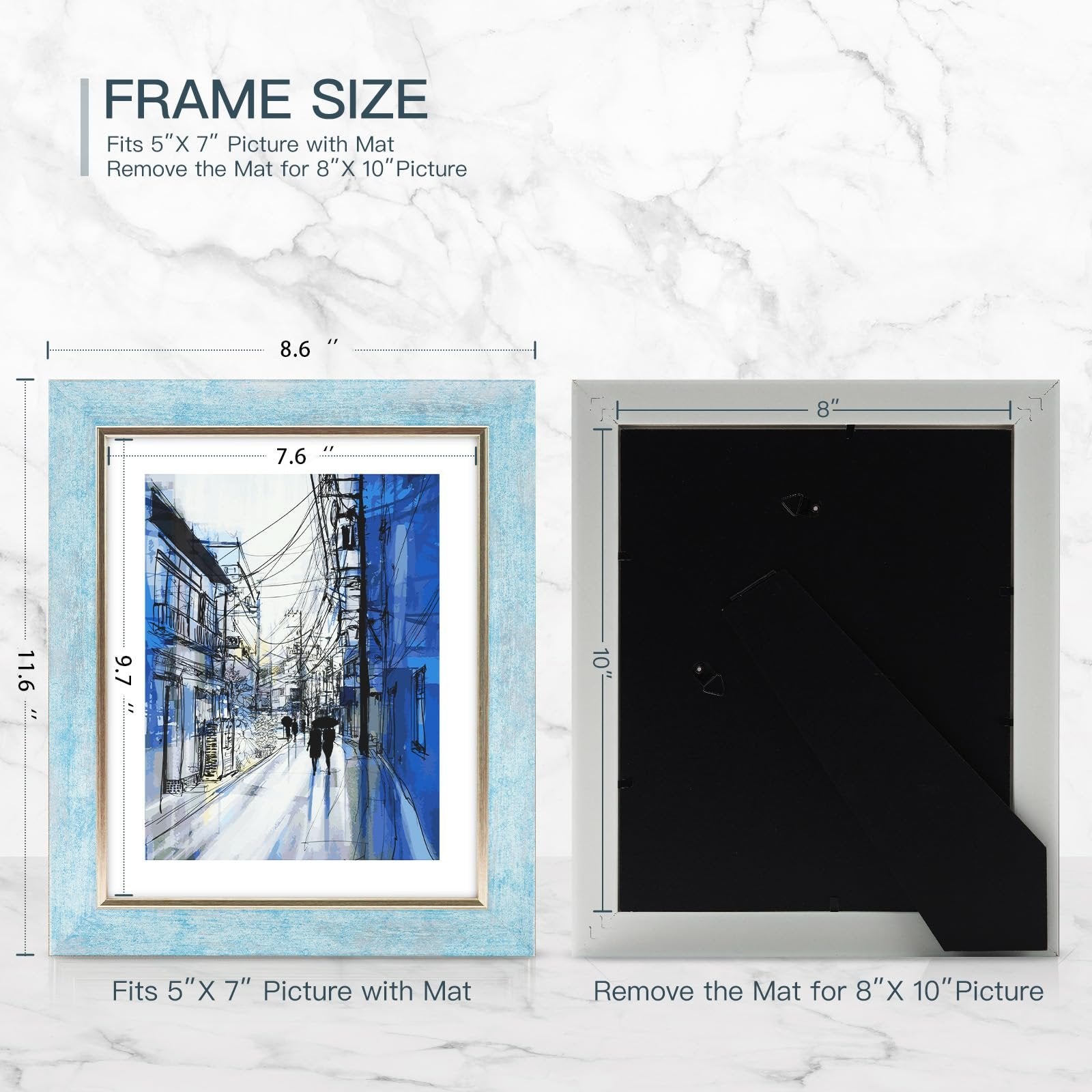 Two picture frames shown with dimensions and size information. One blue frame displays a picture with mat, the other white frame shows its back.