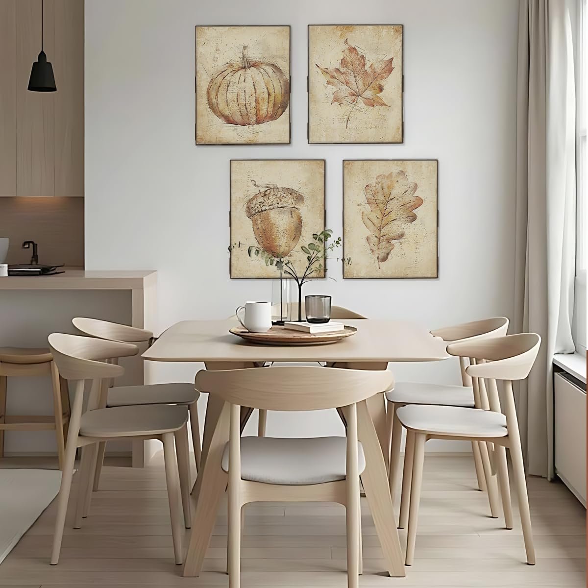 Set of 4 vintage fall wall art prints featuring a pumpkin, maple leaf, acorn, and oak leaf, displayed above a dining table.