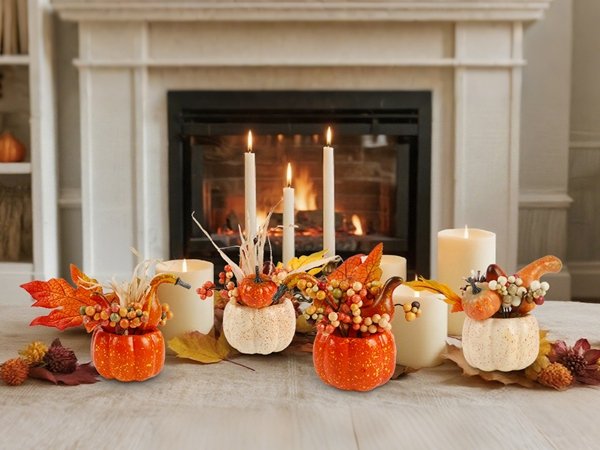Set of four artificial pumpkins with berries, pine cones, and fall leaves arranged on a table in front of a fireplace.