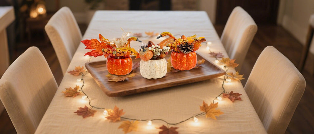 Three artificial pumpkin centerpieces with berries, leaves, and pine cones on a wooden tray, set on a table with fall leaves and string lights.