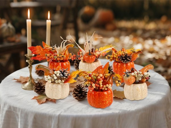 Set of six artificial pumpkin centerpieces with berries, pine cones, and leaves on a white tablecloth with lit candles.