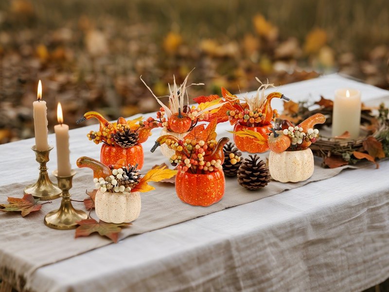 Set of six artificial pumpkins with berries and pine cones arranged on a table with lit candles.