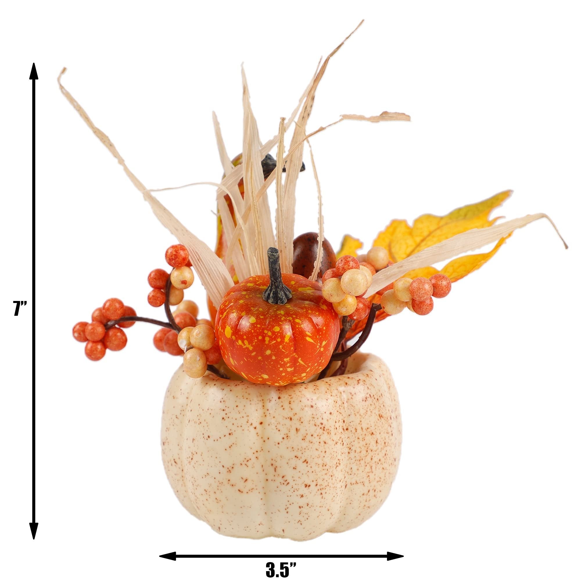 Artificial pumpkin and berry fall centerpiece with dimensions indicated by arrows.