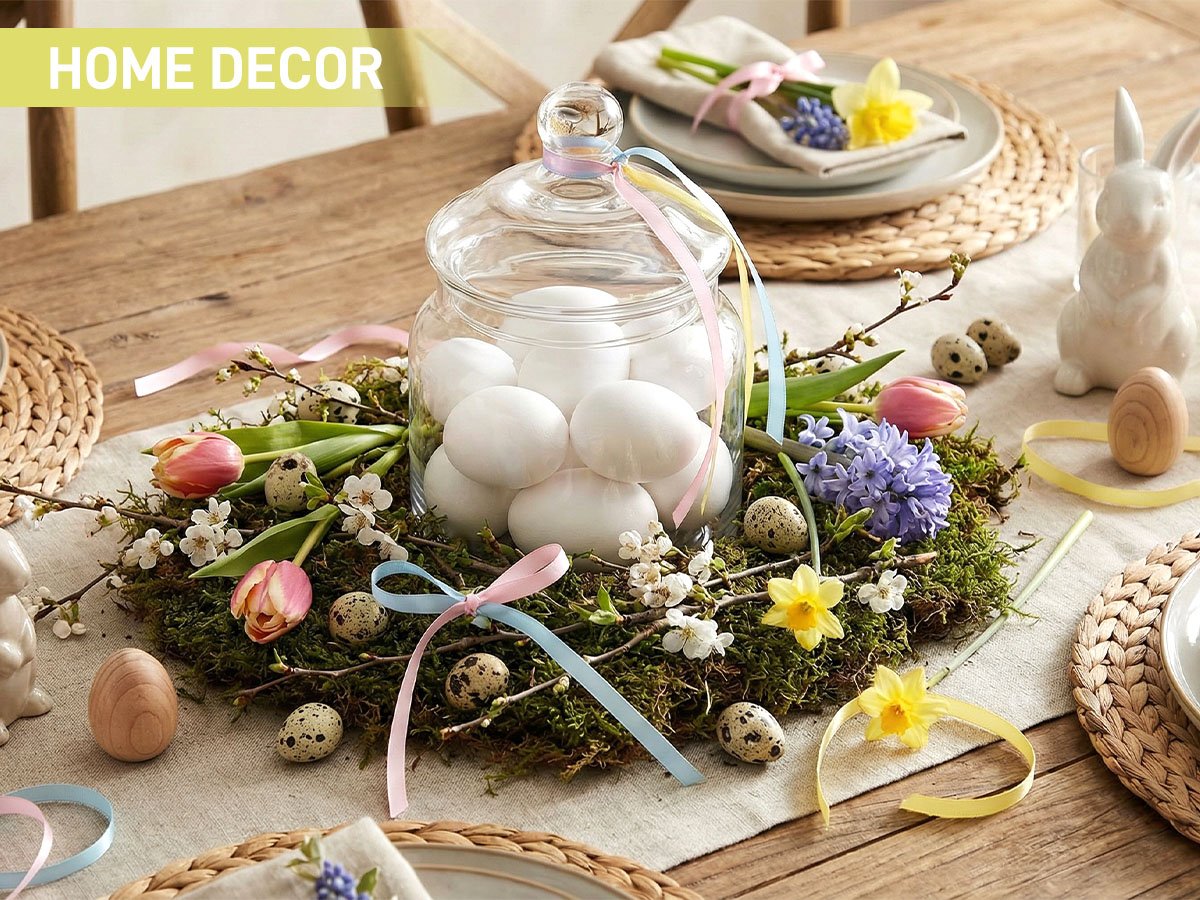 Easter table centerpiece with white wooden eggs in a glass jar, moss, tulips, daffodils, and quail eggs.