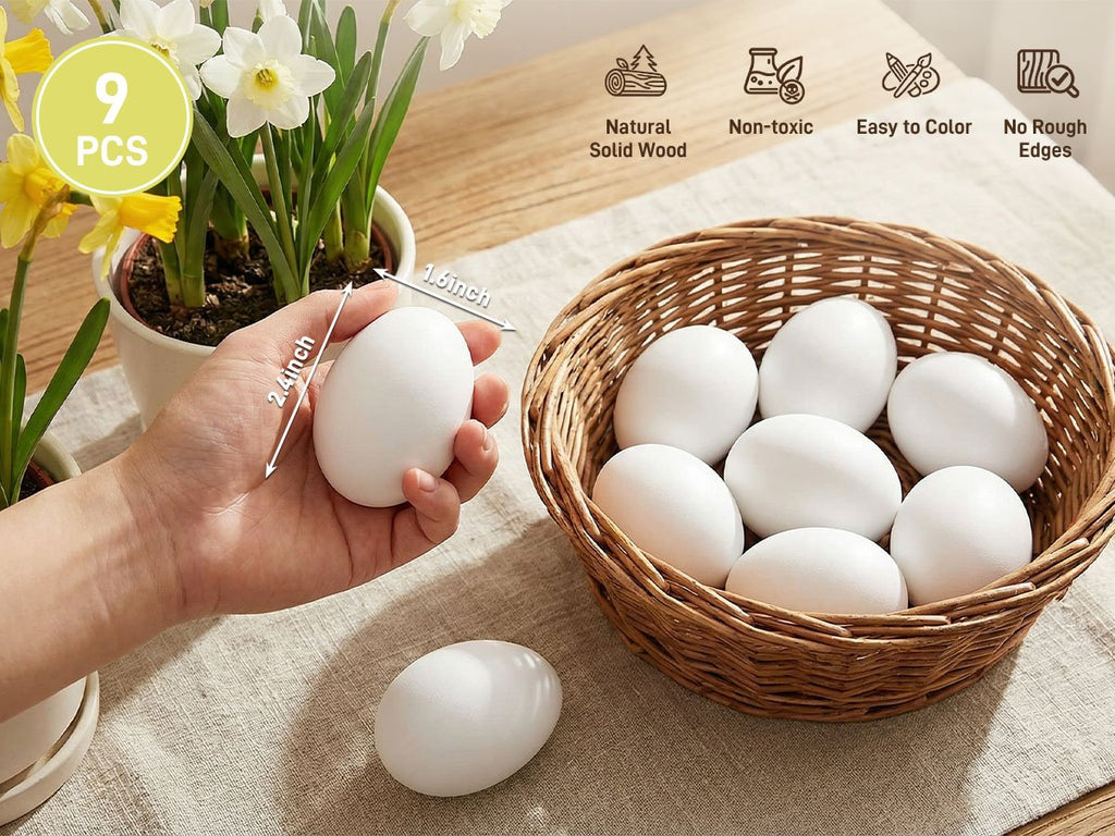 Hand holding a white wooden egg next to a basket of eggs, with dimensions shown.