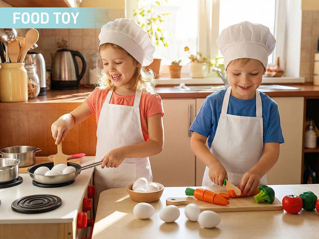 Two children in chef hats and aprons playing kitchen with wooden eggs and vegetables