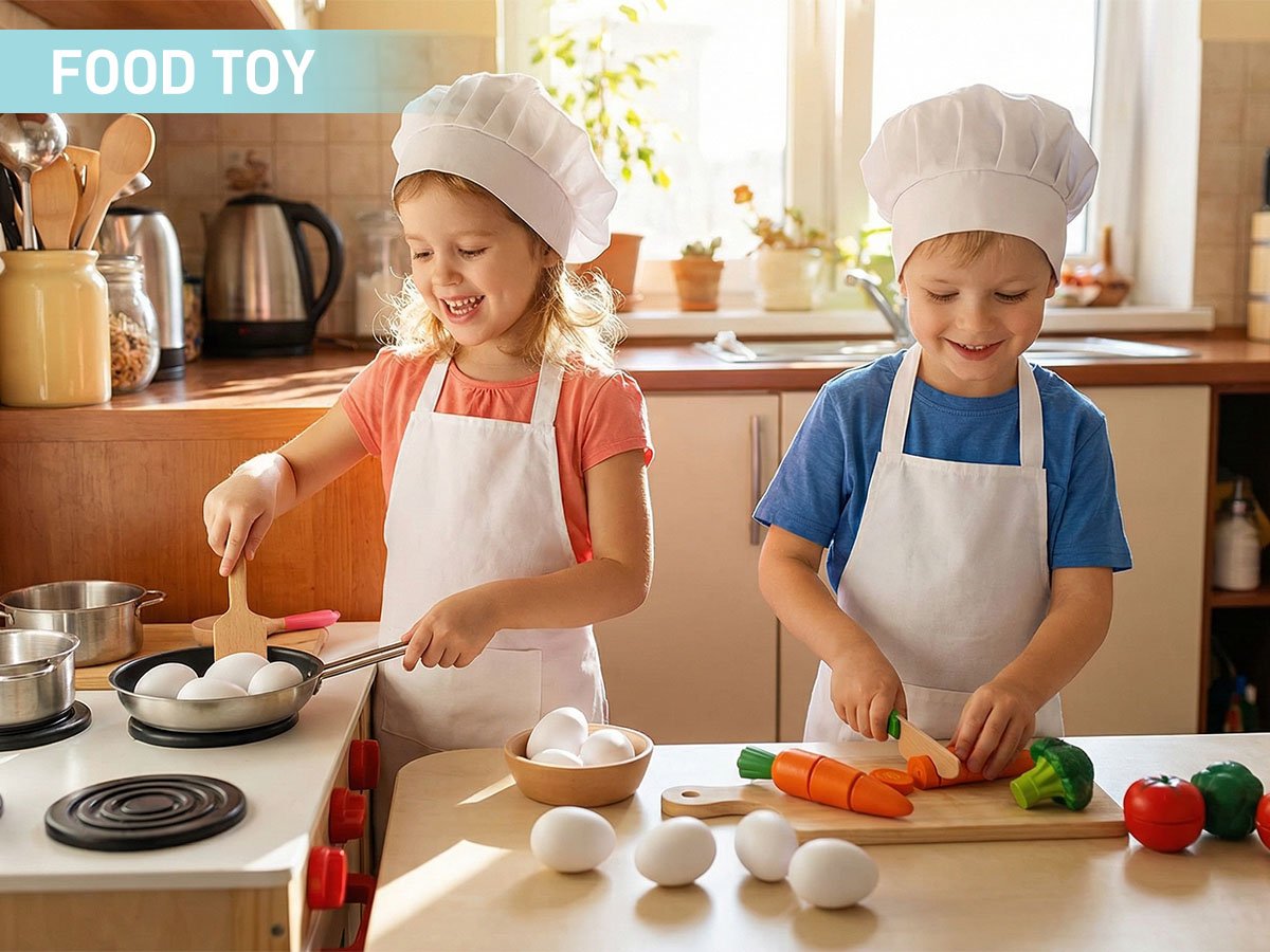 Two children in chef hats and aprons playing kitchen with wooden eggs and vegetables