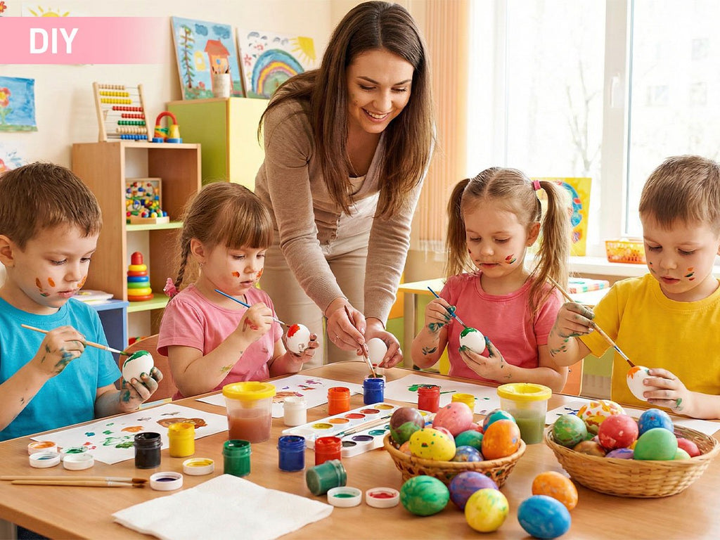 Teacher guiding children painting white wooden eggs at a craft table with art supplies