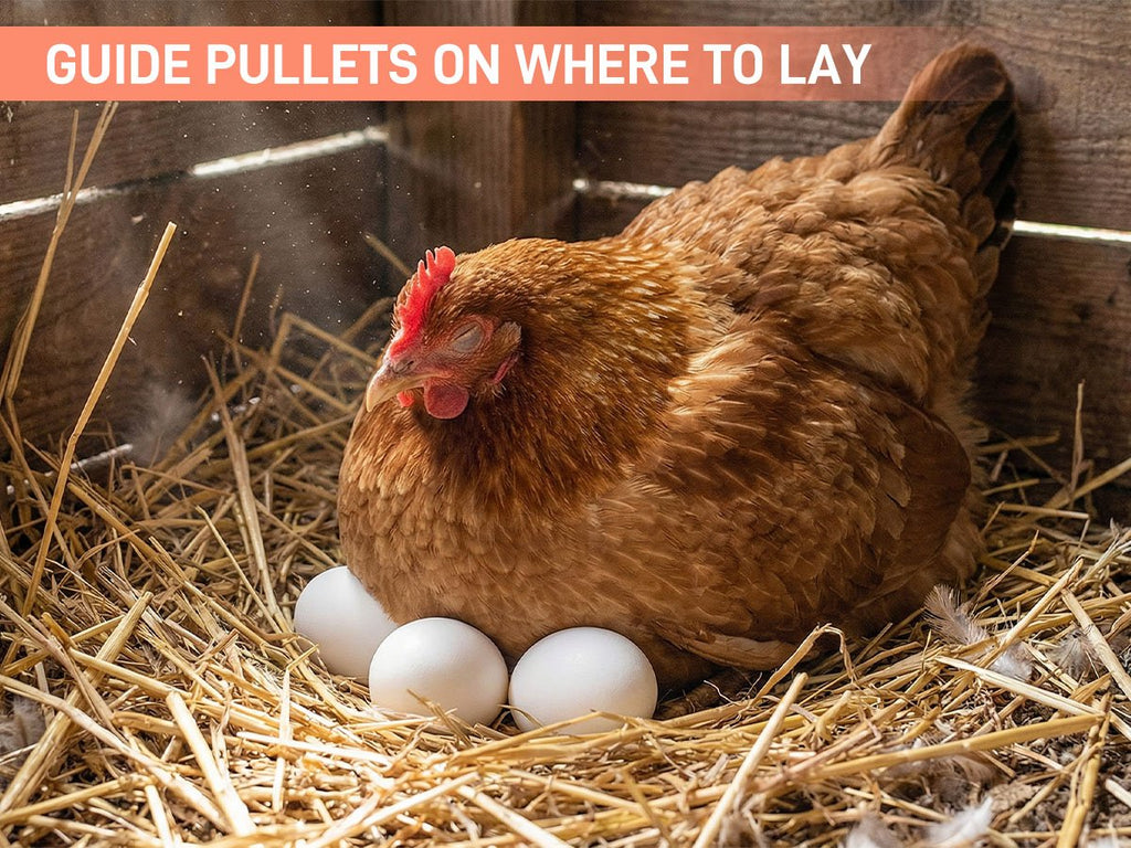 Brown hen sitting on a nest of straw with three white eggs.