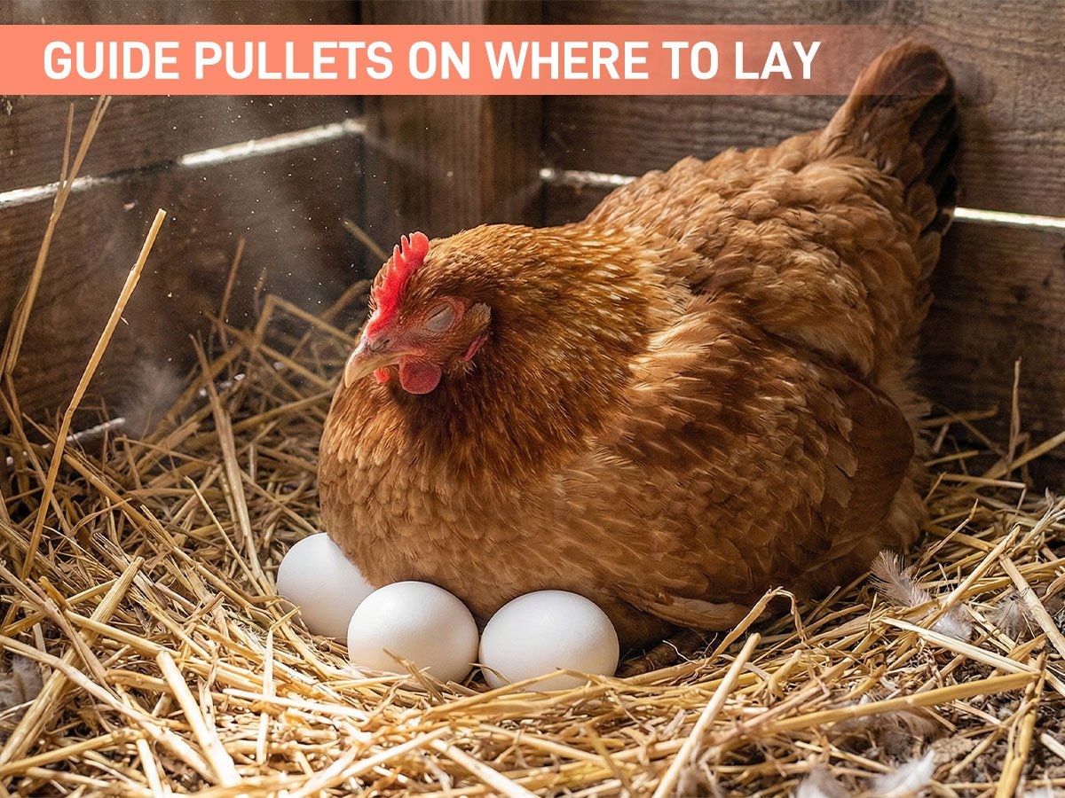 Brown hen sitting on a nest of straw with three white eggs.