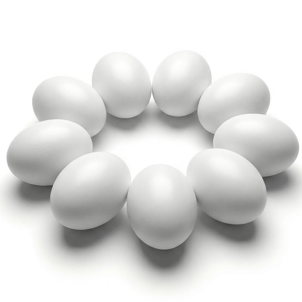 Nine white wooden eggs arranged in a circle on a white background.