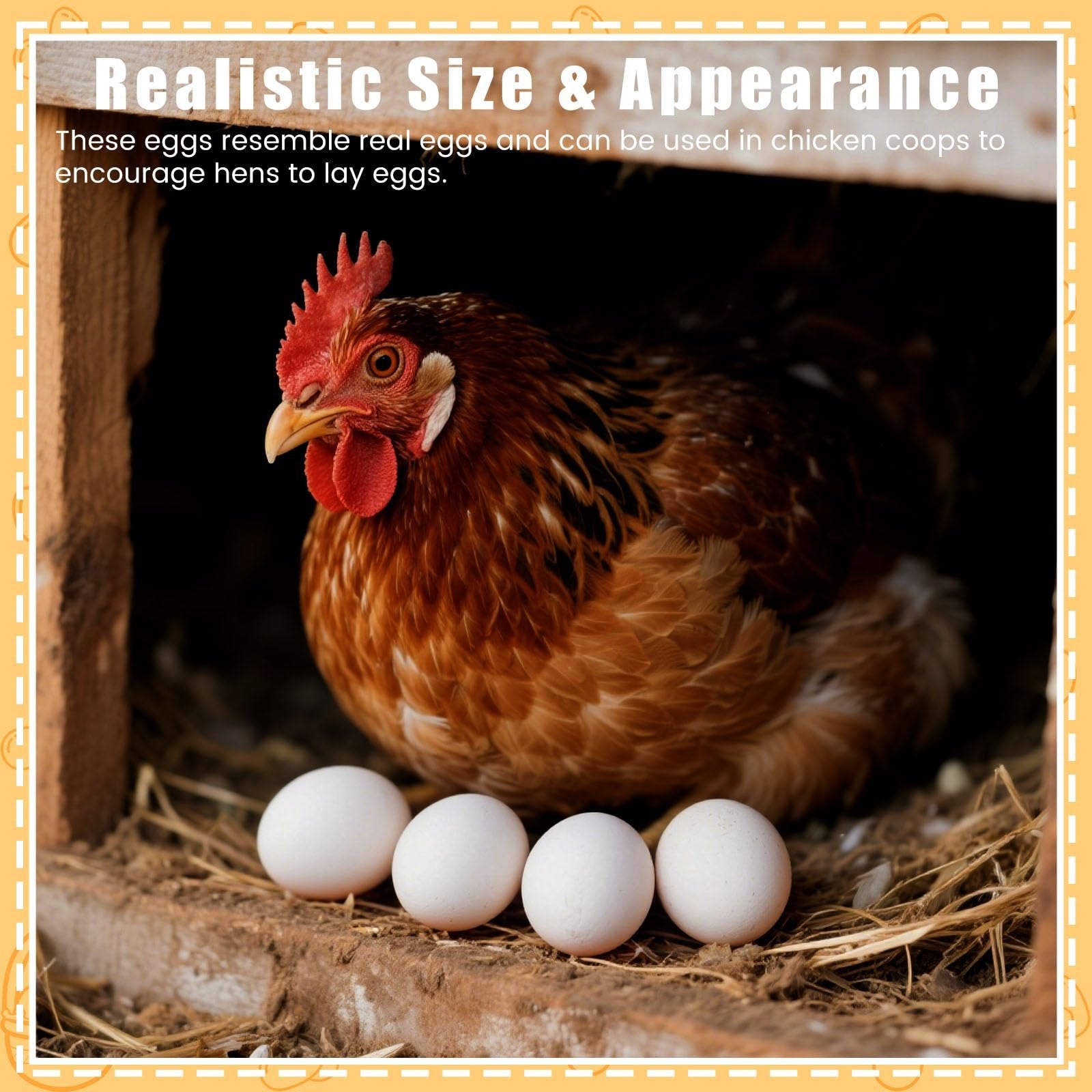 Four white wooden eggs in a nest with a hen behind them, showing realistic size and appearance.