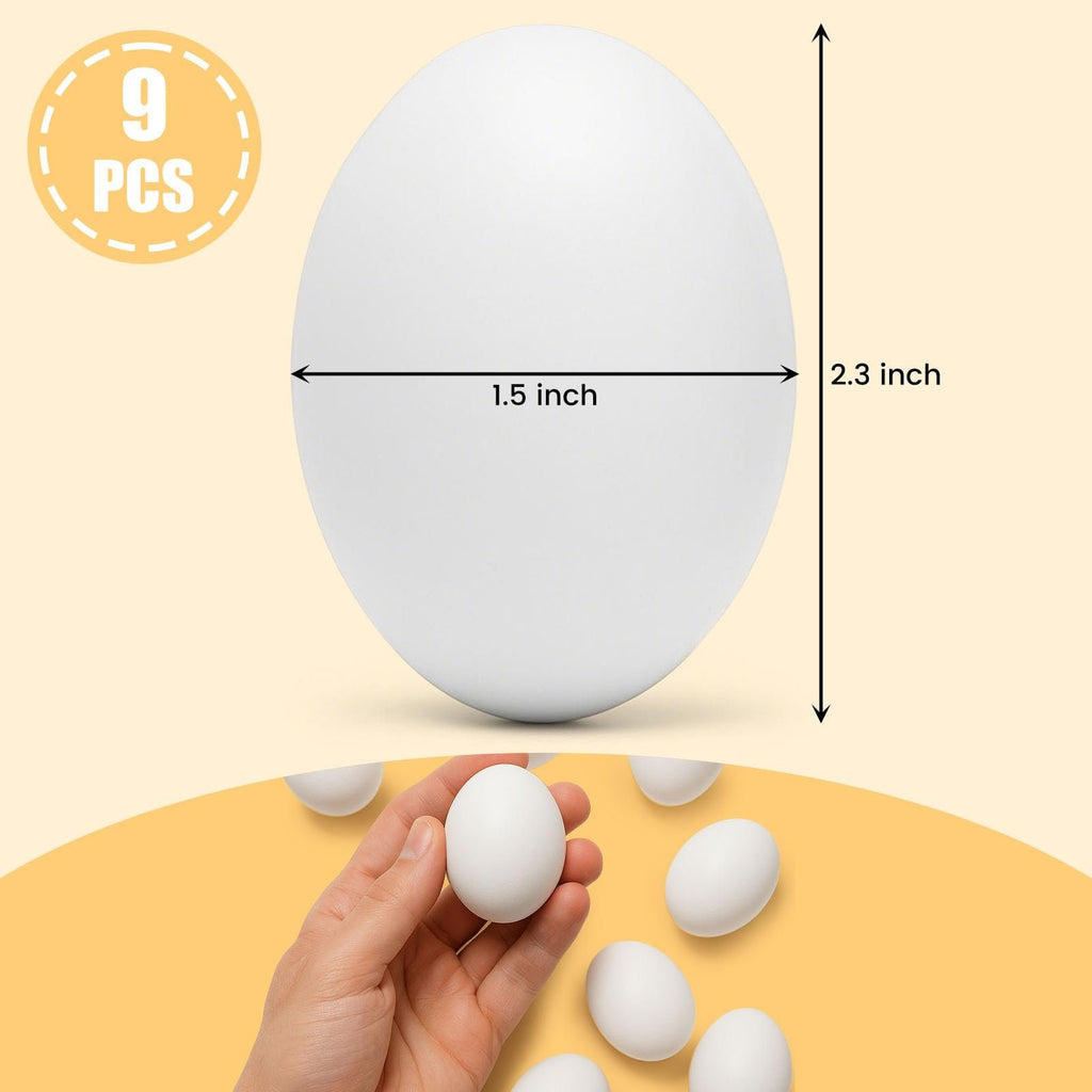 White wooden eggs with dimensions indicated, one held in a hand with others scattered on a yellow surface.
