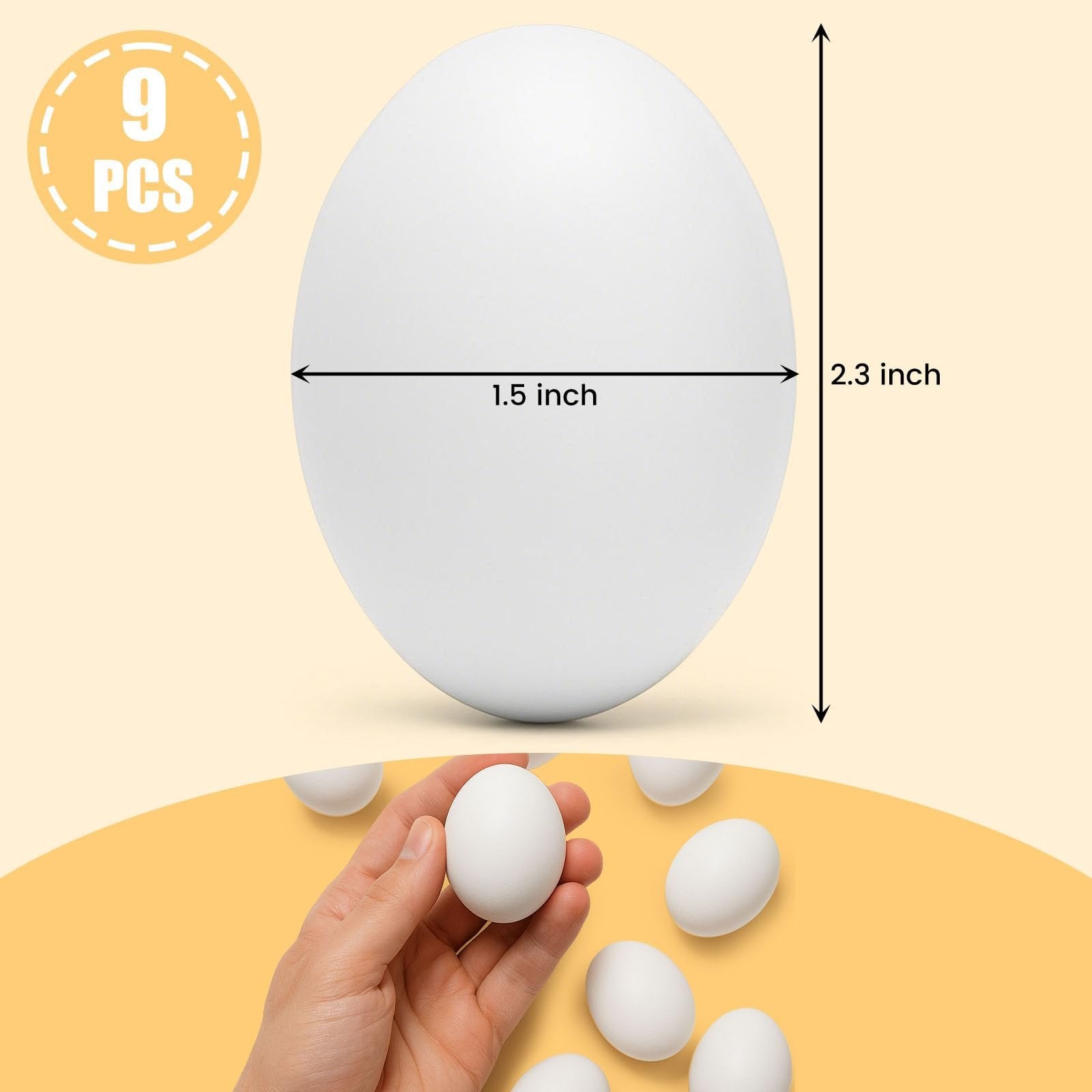 White wooden eggs with dimensions indicated, one held in a hand with others scattered on a yellow surface.